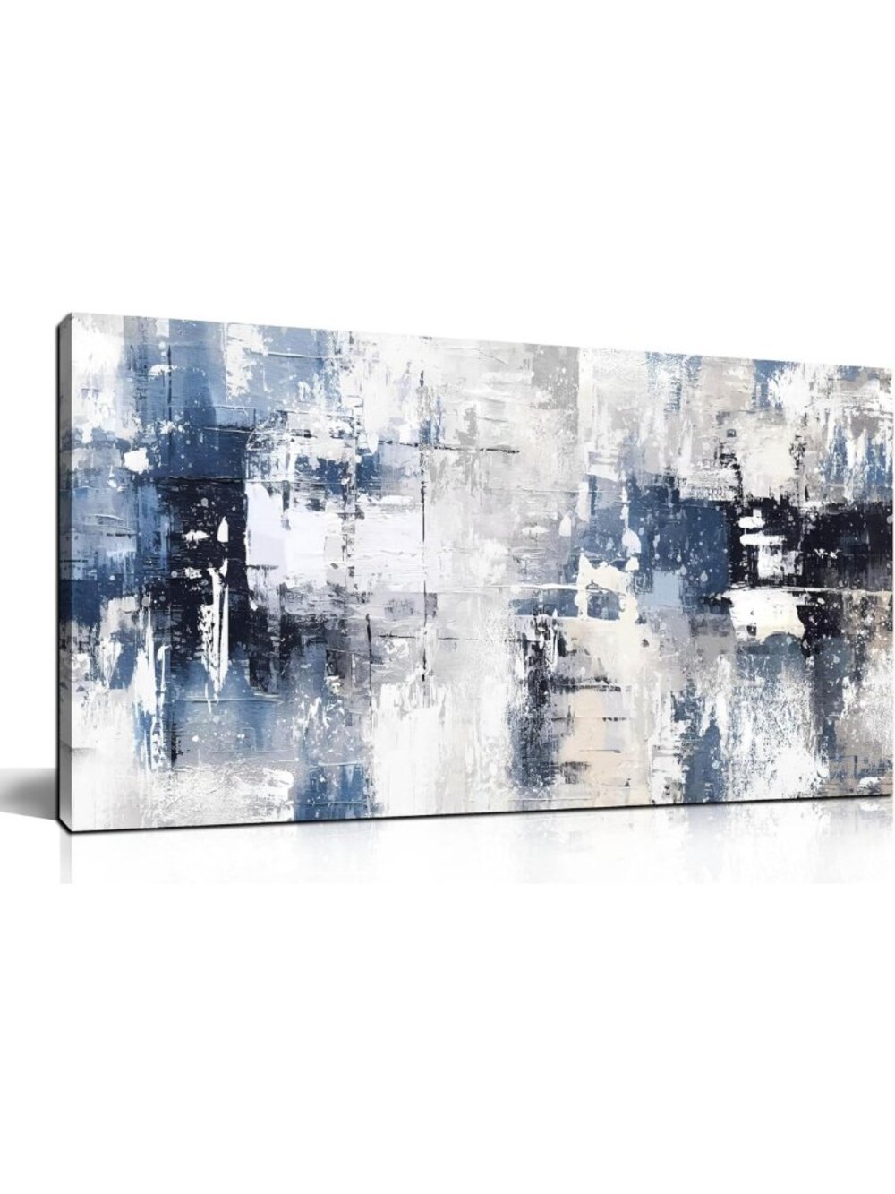 Large Modern Abstract Canvas Wall Art - White & Blue Print for Living Room